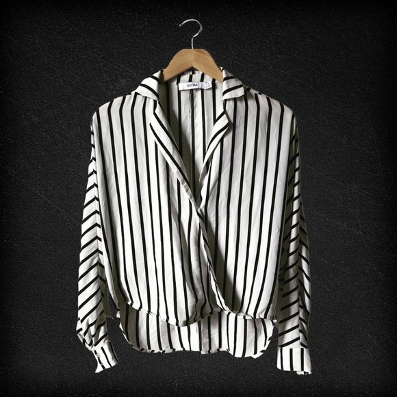 Black and White Pinstriped Draped Blouse - Picture 1 of 6